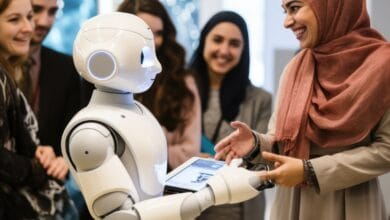 سيدة عربية تتعامل مع روبوت, ذكاء اصطناعي