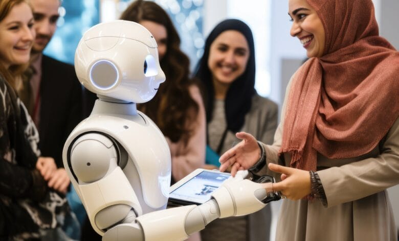سيدة عربية تتعامل مع روبوت, ذكاء اصطناعي