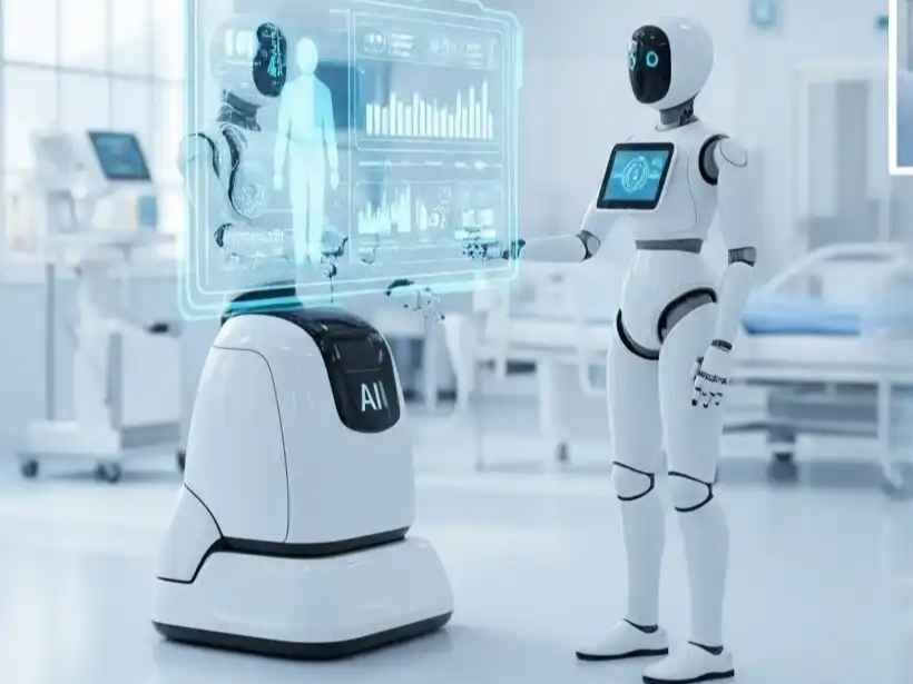 روبوت أمام جهاز ذكاء اصطناعي مزود بشاشة في غرفة بأحد المستشفيات الذكية