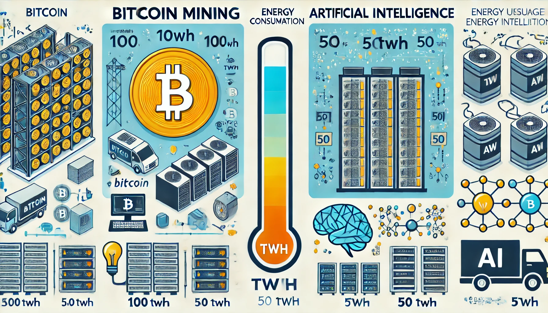 الذكاء الاصطناعي واستهلاك الطاقة: هل يتحوّل الابتكار إلى خطر بيئي؟ 2 DALL·E 2024 06 20 15.40.24 A graphic illustrating the difference in energy usage between Bitcoin and Artificial Intelligence AI. On the left side depict Bitcoin mining with a