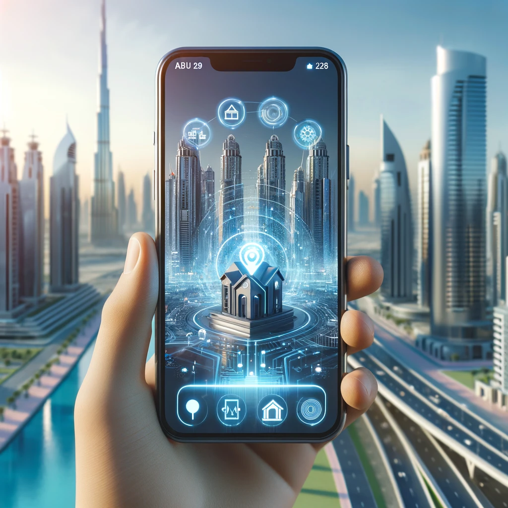 AI powered real estate app interface on a smartphone with Dubai cityscape