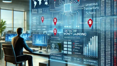 DALL·E 2024 08 28 15.39.25 A highly realistic and specific image showing the use of AI in detecting money laundering in a real world scenario. The scene should depict a financia