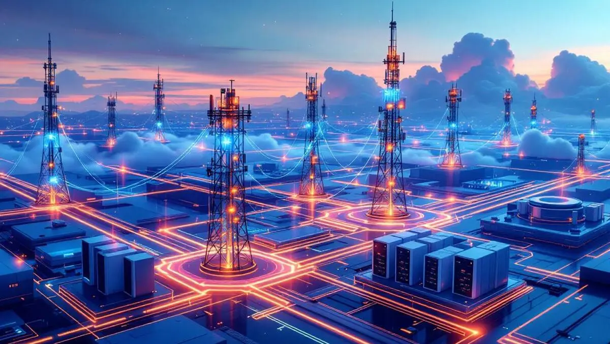 كيف تواجه الاتصالات السعودية تحديات موسم الحج؟ 6 modern telecom network edge station antenna towers data servers ai glowing lines real time processing cloud hybrid edge computing