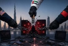 تصميم يجسد تفكيك شبكة احتيال رقمي بتعاون أمني بين الإمارات وأمريكا والصين.