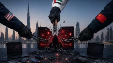 تصميم يجسد تفكيك شبكة احتيال رقمي بتعاون أمني بين الإمارات وأمريكا والصين.