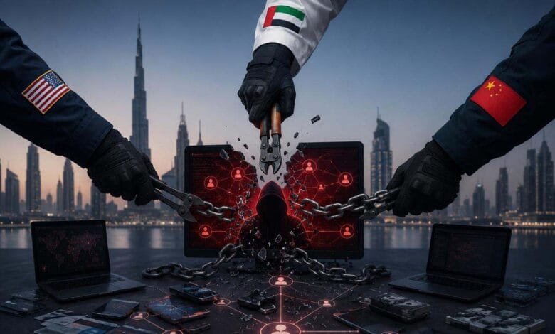 ضربة دولية تقضي على شبكة احتيال رقمي كبرى في دبي 1 تصميم يجسد تفكيك شبكة احتيال رقمي بتعاون أمني بين الإمارات وأمريكا والصين.