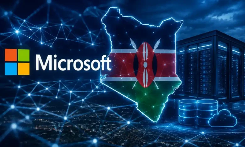 خريطة كينيا رقمية مع مركز بيانات ضخم وأجواء تقنية مستقبلية.