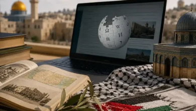 إطلاق «مسابقة فلسطين» لدعم توثيق السردية الفلسطينية في ويكيبيديا 37 مشهد كتب وتراث فلسطيني مع مسجد قبة الصخرة وحاسوب يعرض ويكيبيديا لمسابقة فلسطين