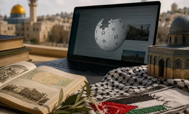 مشهد كتب وتراث فلسطيني مع مسجد قبة الصخرة وحاسوب يعرض ويكيبيديا لمسابقة فلسطين