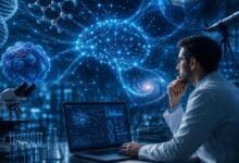 Gemini for Science: باحث يستخدم الذكاء الاصطناعي لتحليل البيانات العلمية والجينية في مختبر متطور.