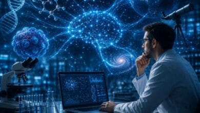 Gemini for Science: باحث يستخدم الذكاء الاصطناعي لتحليل البيانات العلمية والجينية في مختبر متطور.