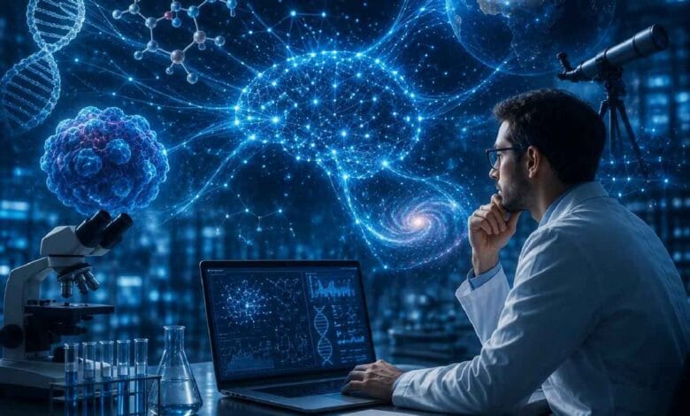 Gemini for Science: باحث يستخدم الذكاء الاصطناعي لتحليل البيانات العلمية والجينية في مختبر متطور.