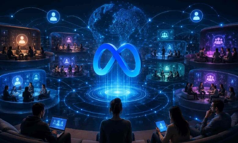 ميتا تطلق منصة «Forum» لإعادة إحياء مجتمعات فيسبوك 1 مجتمعات رقمية متعددة في تطبيق Forum يتوسطها شعار ميتا
