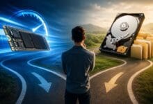 رجل يقف حائراً بين خيارين للتخزين SSD أو HDD