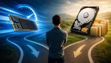 رجل يقف حائراً بين خيارين للتخزين SSD أو HDD