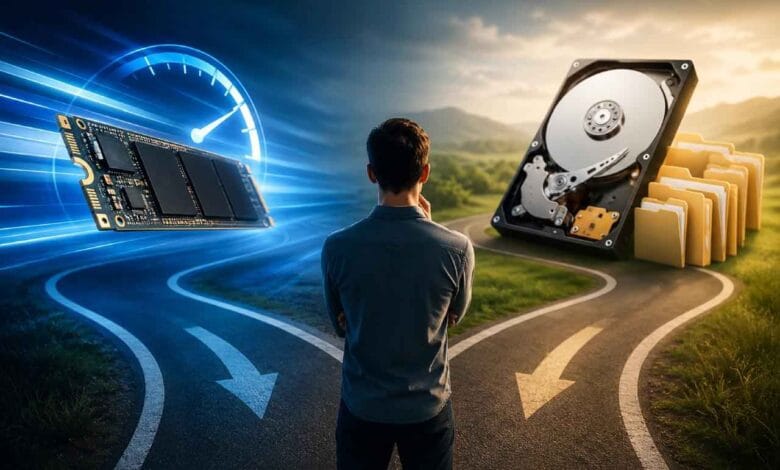 رجل يقف حائراً بين خيارين للتخزين SSD أو HDD