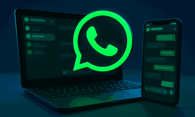 واتساب تختبر ميزة مشاركة المستندات مع «Meta AI» 1 تصميم يظهر هاتف محمول وحاسب لابتوب وفي الوسط لوجو WhatsApp