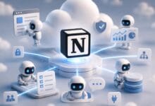 روبوتات صغيرة تدير مهام سحابية مختلفة حول مكعب يحمل حرف N وهو شعار شركة Notion.