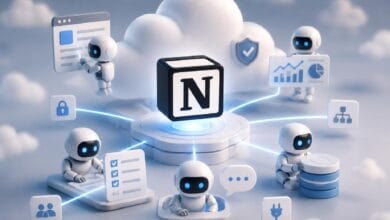 روبوتات صغيرة تدير مهام سحابية مختلفة حول مكعب يحمل حرف N وهو شعار شركة Notion.
