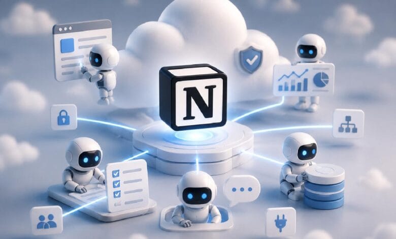 روبوتات صغيرة تدير مهام سحابية مختلفة حول مكعب يحمل حرف N وهو شعار شركة Notion.