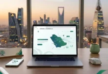 شاشة لابتوب تعرض خريطة رقمية والنطاق المحلي للمواقع السعودية