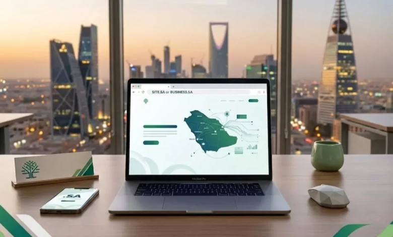شاشة لابتوب تعرض خريطة رقمية والنطاق المحلي للمواقع السعودية