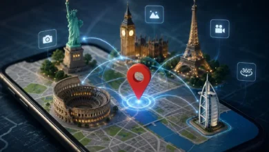 تصميم يمثل قدرات «Project Genie» في دمج الواقع بالخيال عبر خرائط جوجل