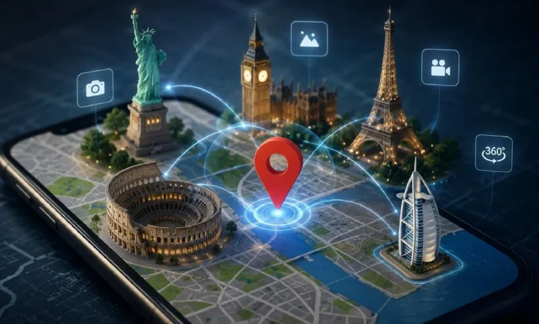 تصميم يمثل قدرات «Project Genie» في دمج الواقع بالخيال عبر خرائط جوجل