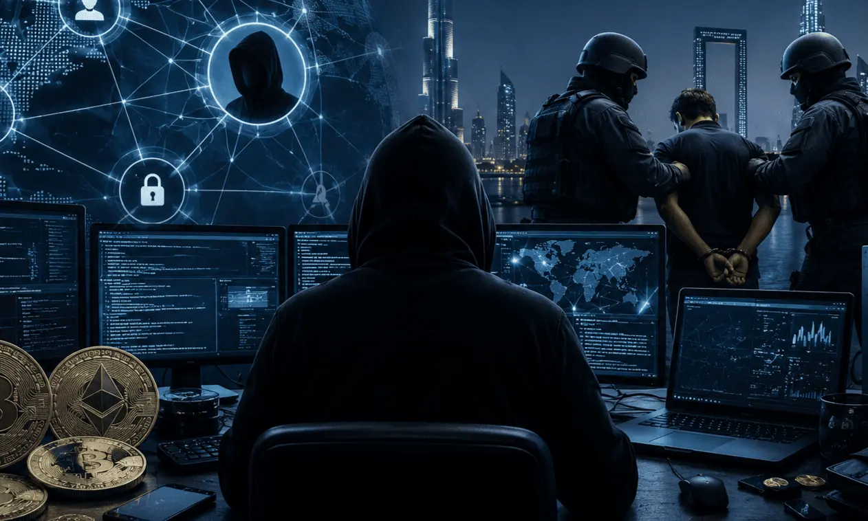 ضربة دولية تقضي على شبكة احتيال رقمي كبرى في دبي 2 مجرم أمام شاشات رقمية ورجال أمن يقبضون على متهم بالاحتيال الرقمي في دبي